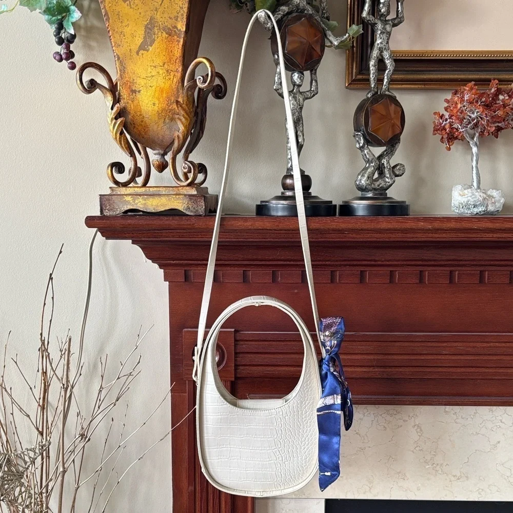 A New Day Cream Faux Crocodile Structured Crossbody Purse w/ Blue Nautical Twill - Picture 2 of 15